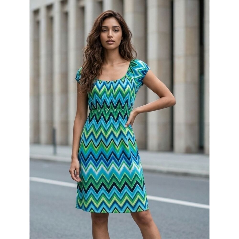 Bailey Blue Dress Small Blue Green Chevron Empire Waist Stretch Stretchy Summer